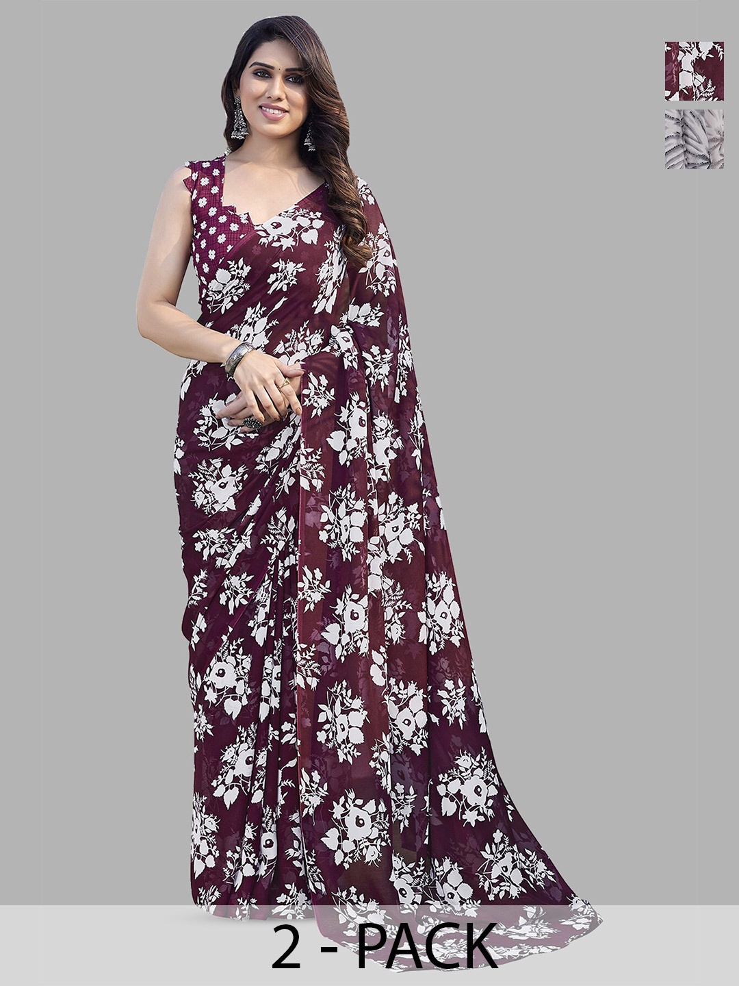 

ANAND SAREES Selection of 2 Printed Georgette Saree, Burgundy