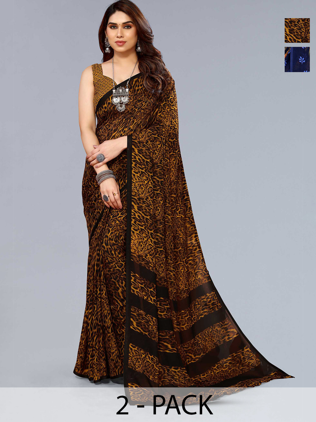 

ANAND SAREES Selection Of 2 Floral Printed Sarees, Blue