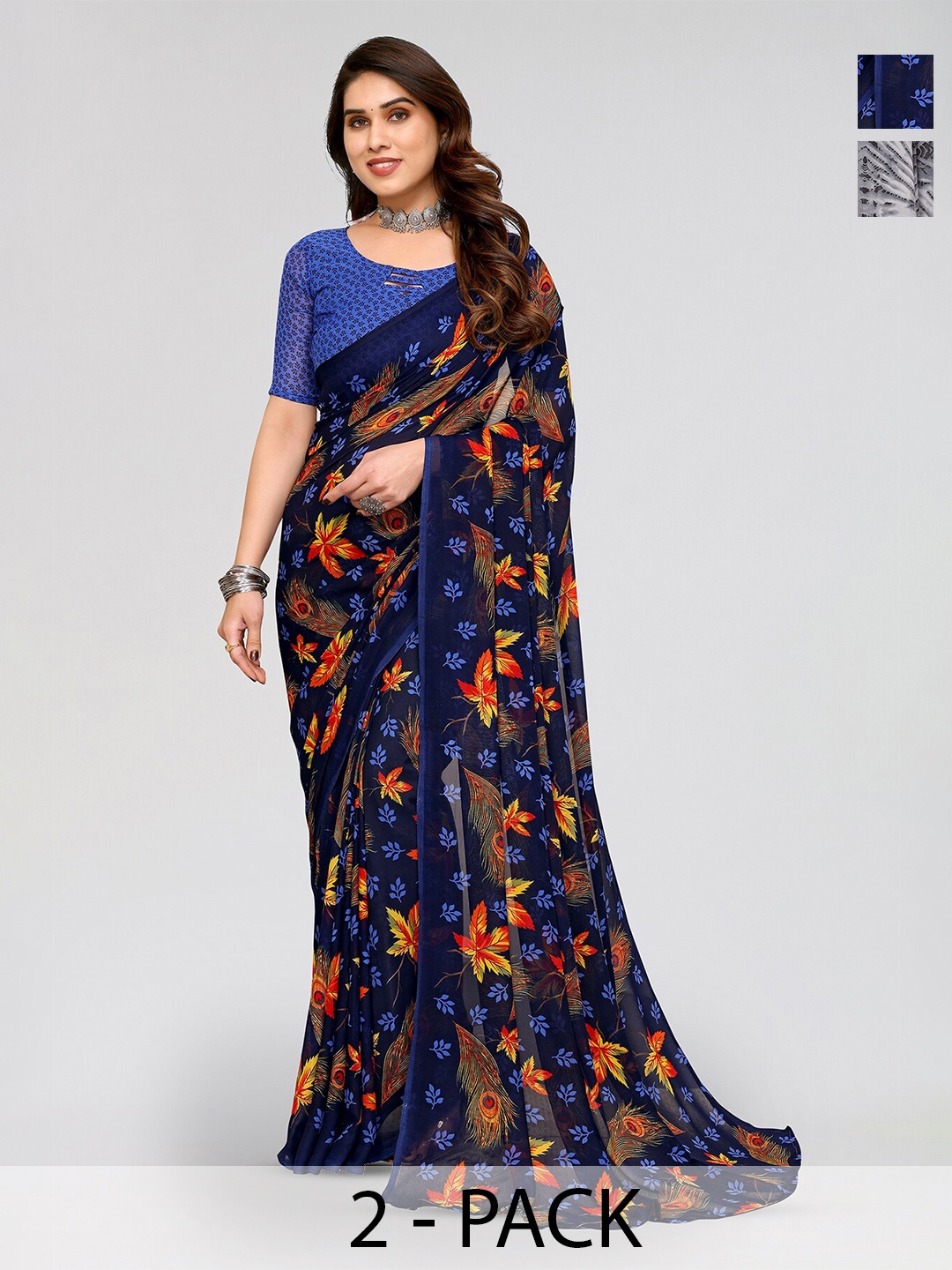 

ANAND SAREES Selection Of 2 Floral Printed Sarees, Blue