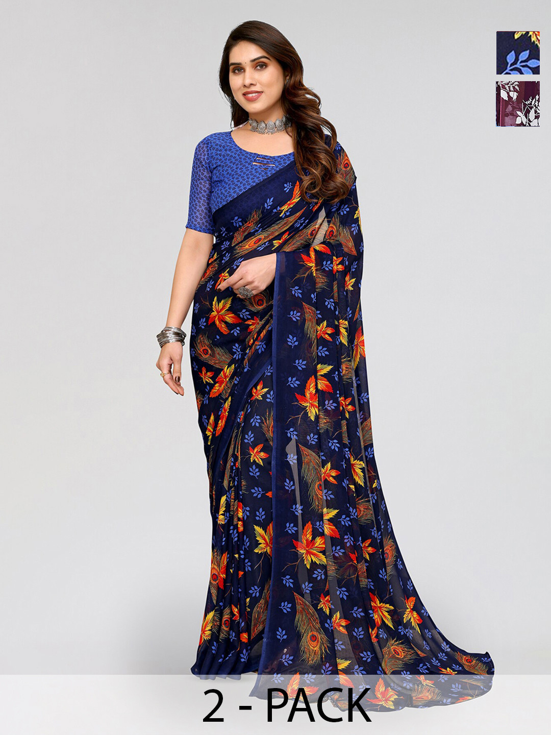 

ANAND SAREES Selection Of 2 Floral Printed Sarees, Navy blue