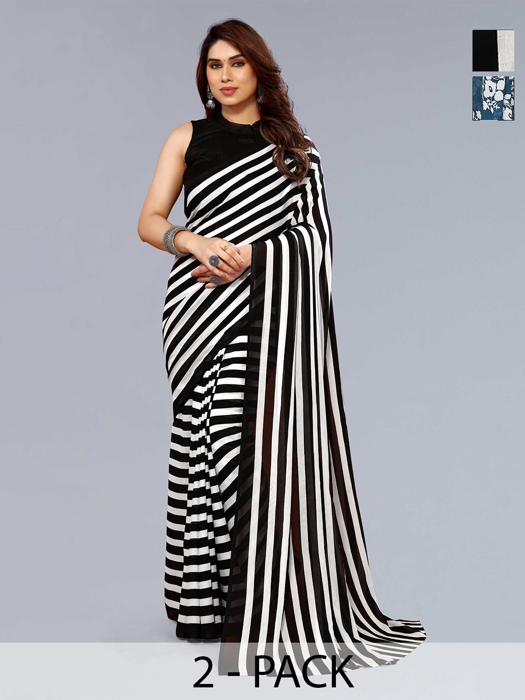 ANAND SAREES Selection Of 2 Striped Sarees, Black