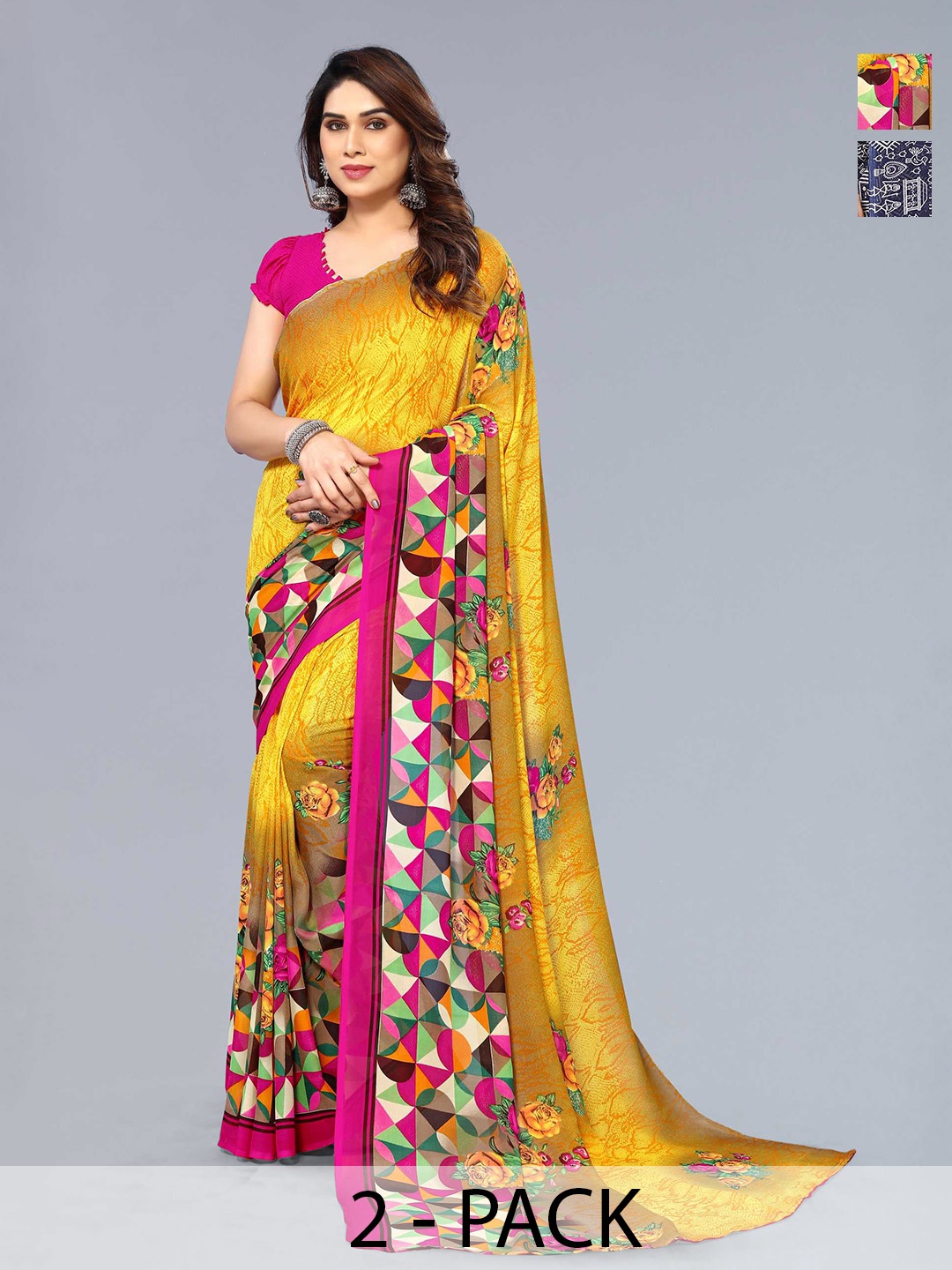 

ANAND SAREES Selection Of 2 Geometric Printed Saree, Blue