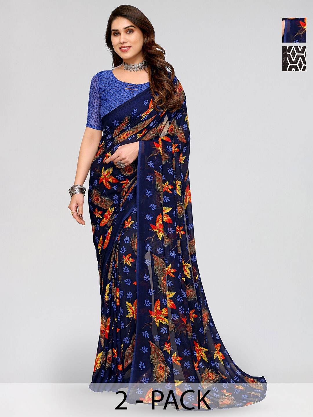 

ANAND SAREES Selection of 2 Ethnic Motifs Printed Sarees, Blue