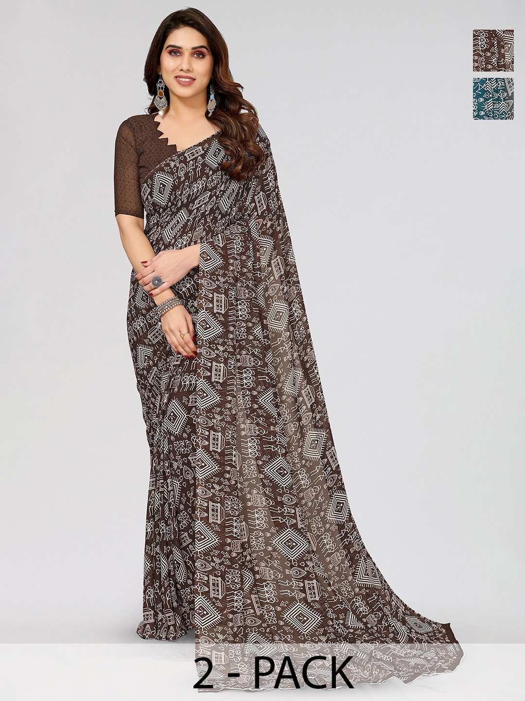 

ANAND SAREES Selection of 2 Ethnic Motifs Printed Sarees, Blue
