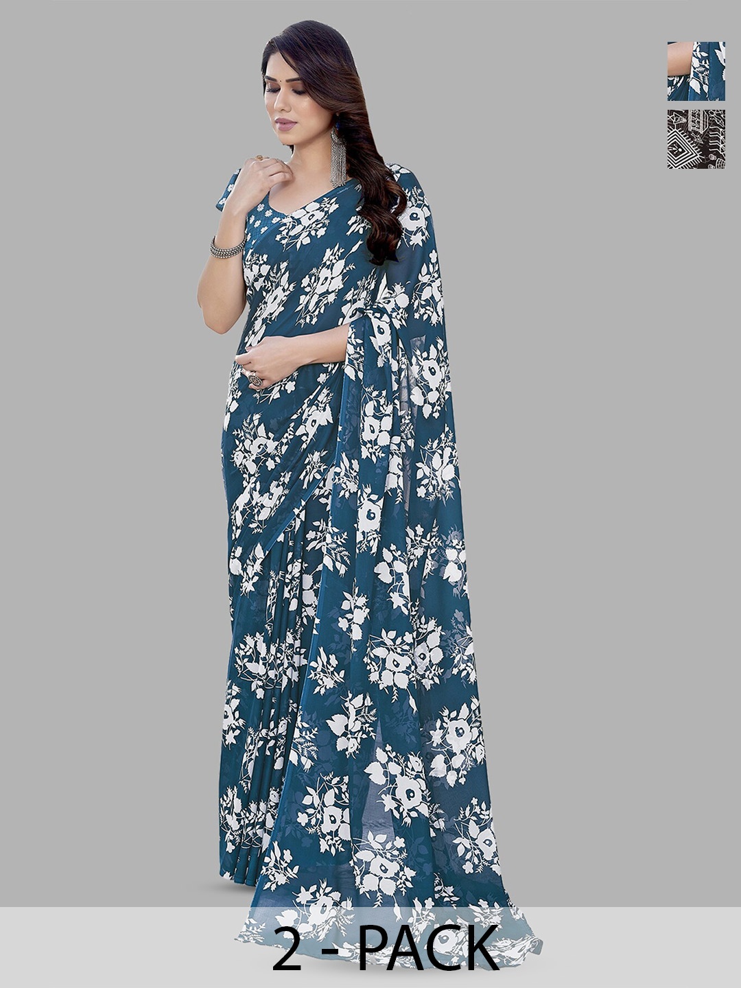 

ANAND SAREES Selection of 2 Floral Printed Saree, Blue