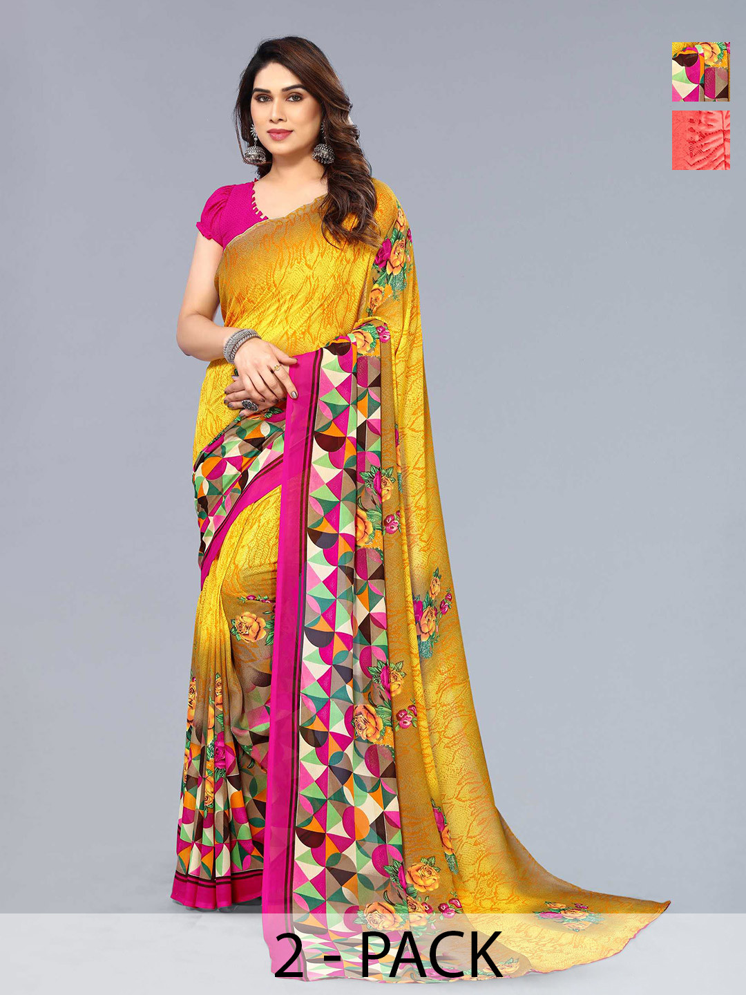 

ANAND SAREES Selection of 2 Printed Georgette Saree, Yellow