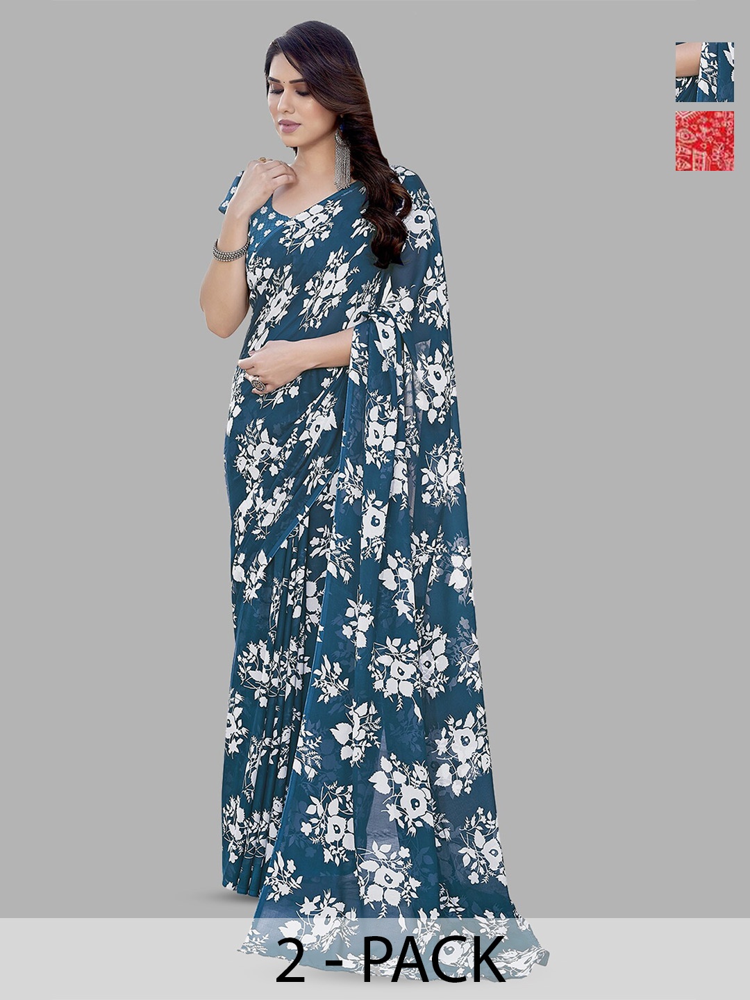 

ANAND SAREES Selection Of 2 Printed Sarees, Red