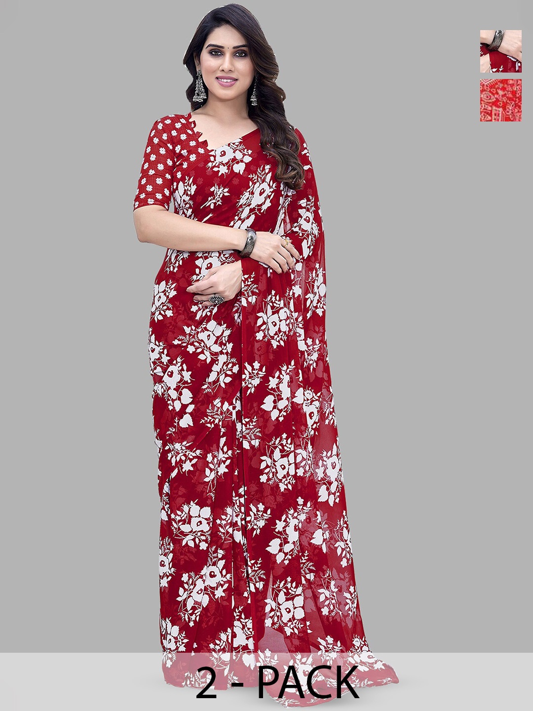 

ANAND SAREES Selection Of 2 Floral Printed Saree, Red
