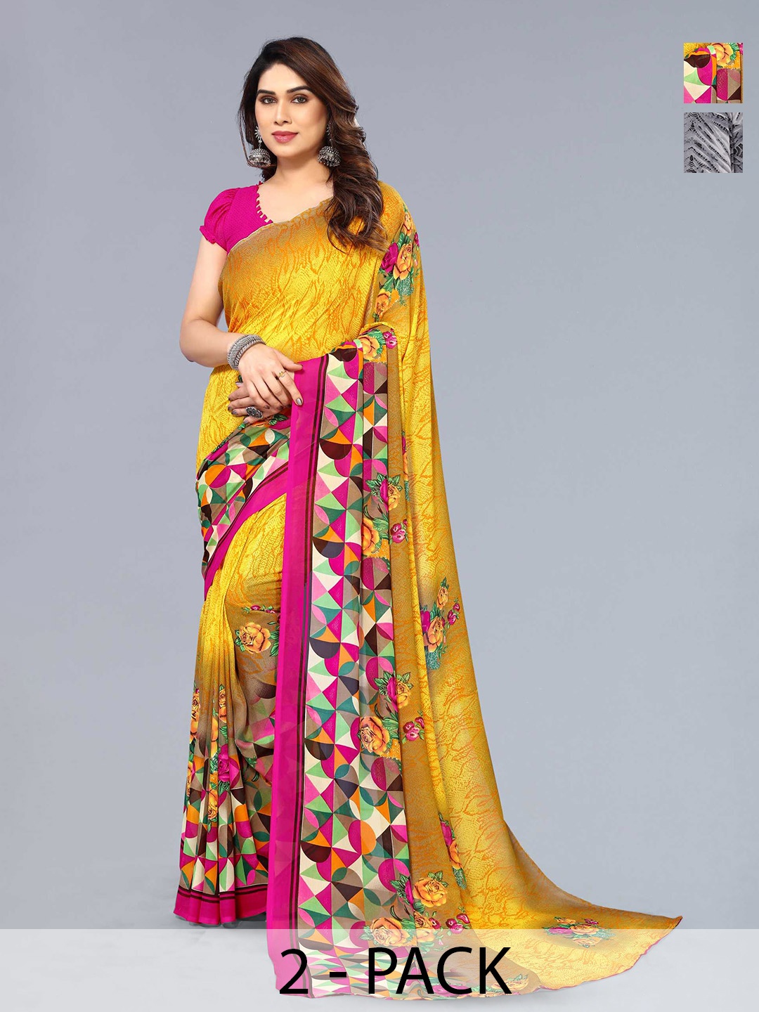 

ANAND SAREES Selection Of 2 Printed Sarees, Yellow