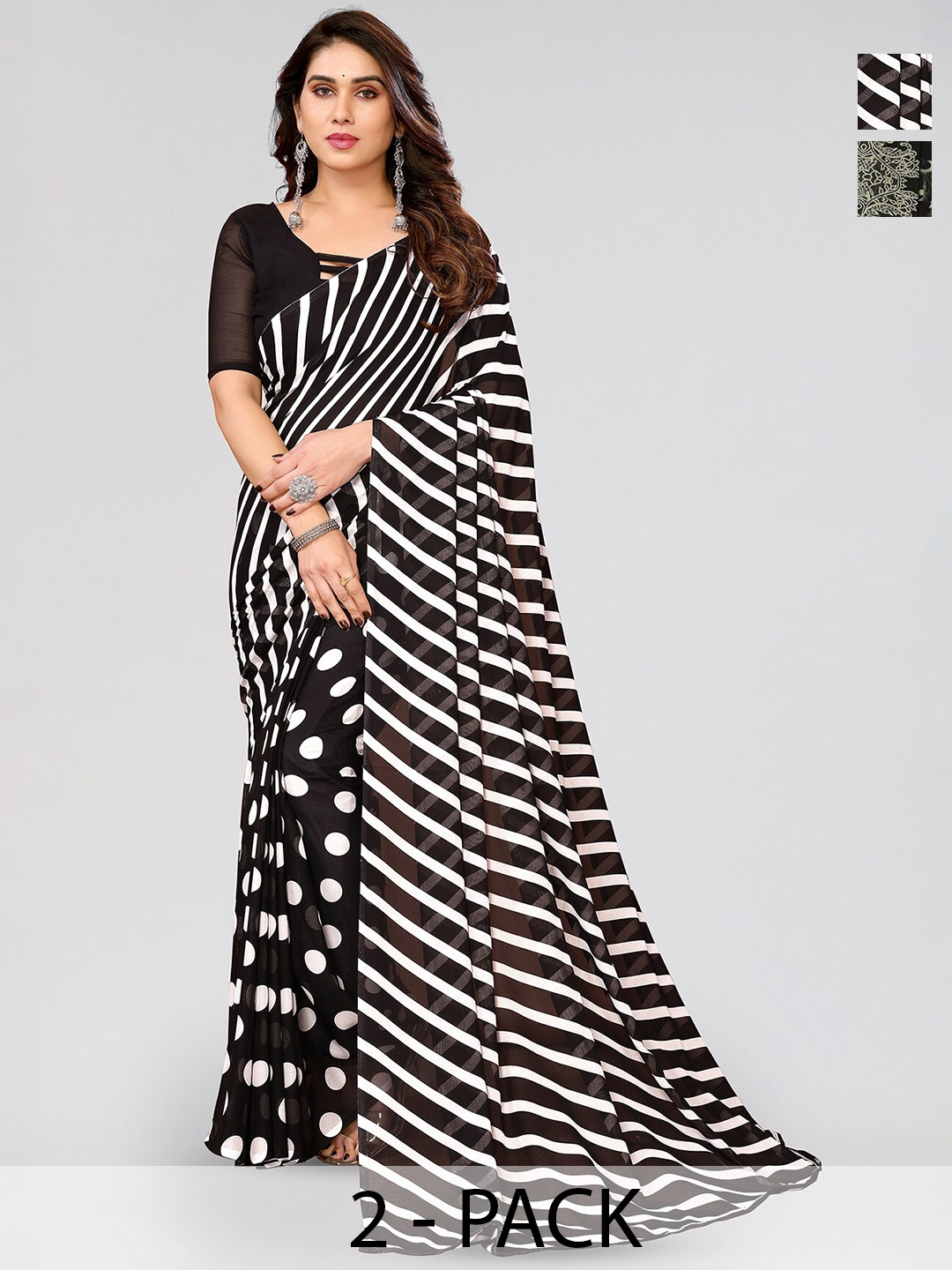 

ANAND SAREES Selection Of 2 Striped & Printed Sarees, White