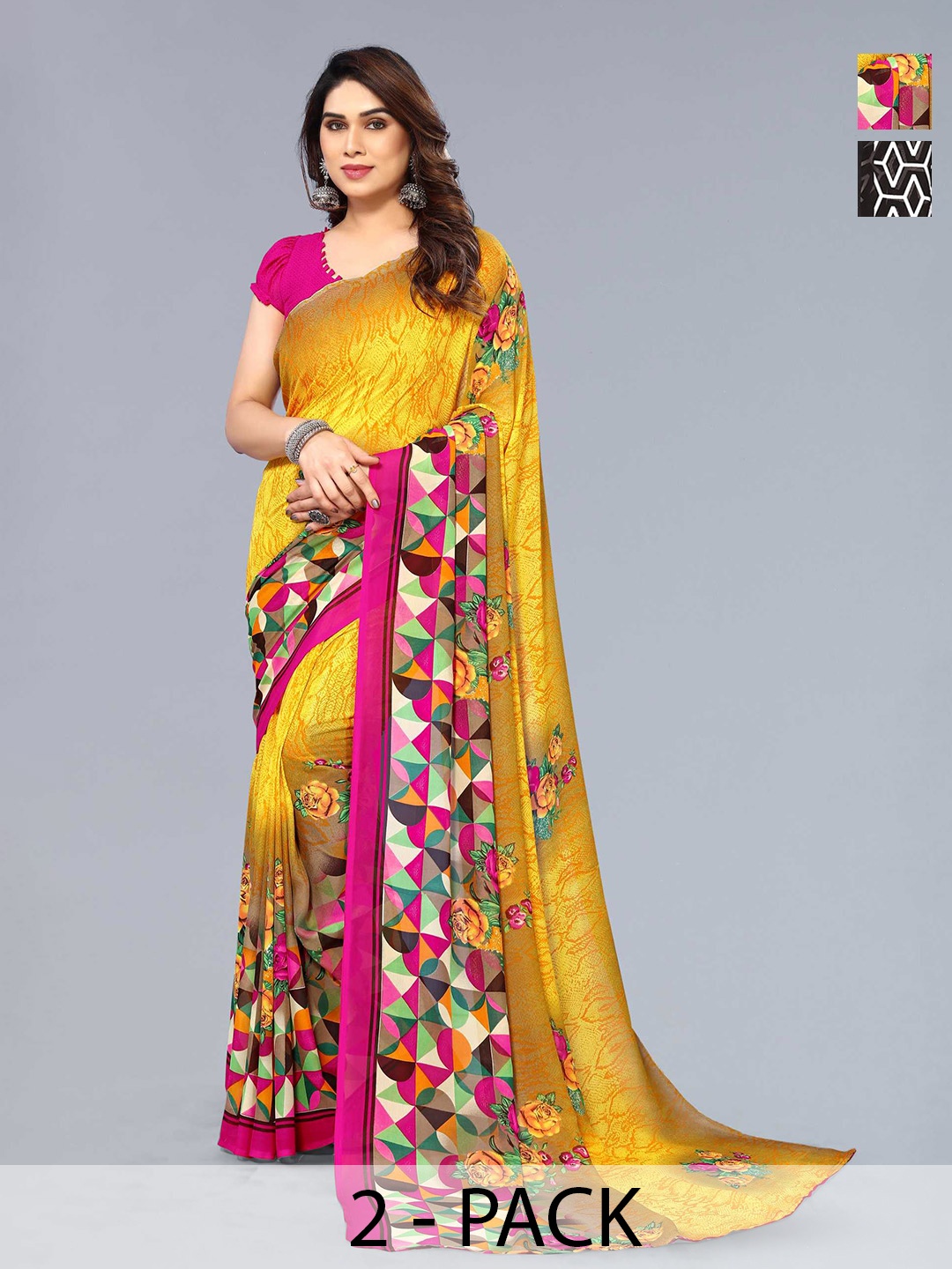 

ANAND SAREES Selection Of 2 Printed Saree, Yellow