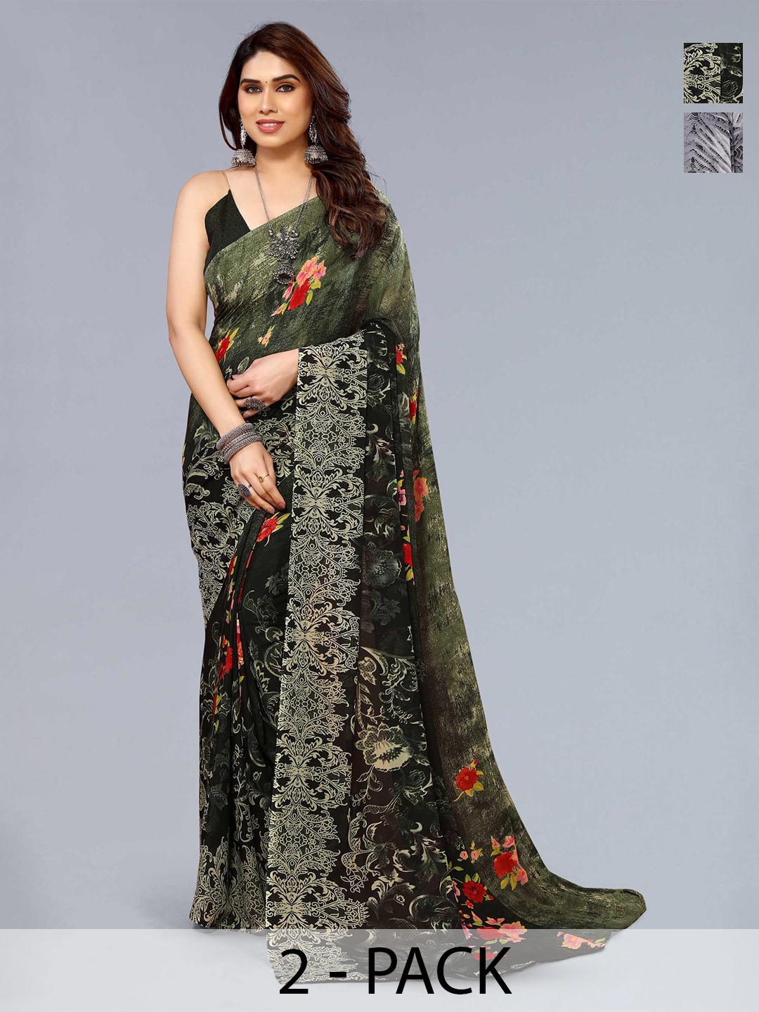 

ANAND SAREES Selection Of 2 Printed Georgette Saree, Black