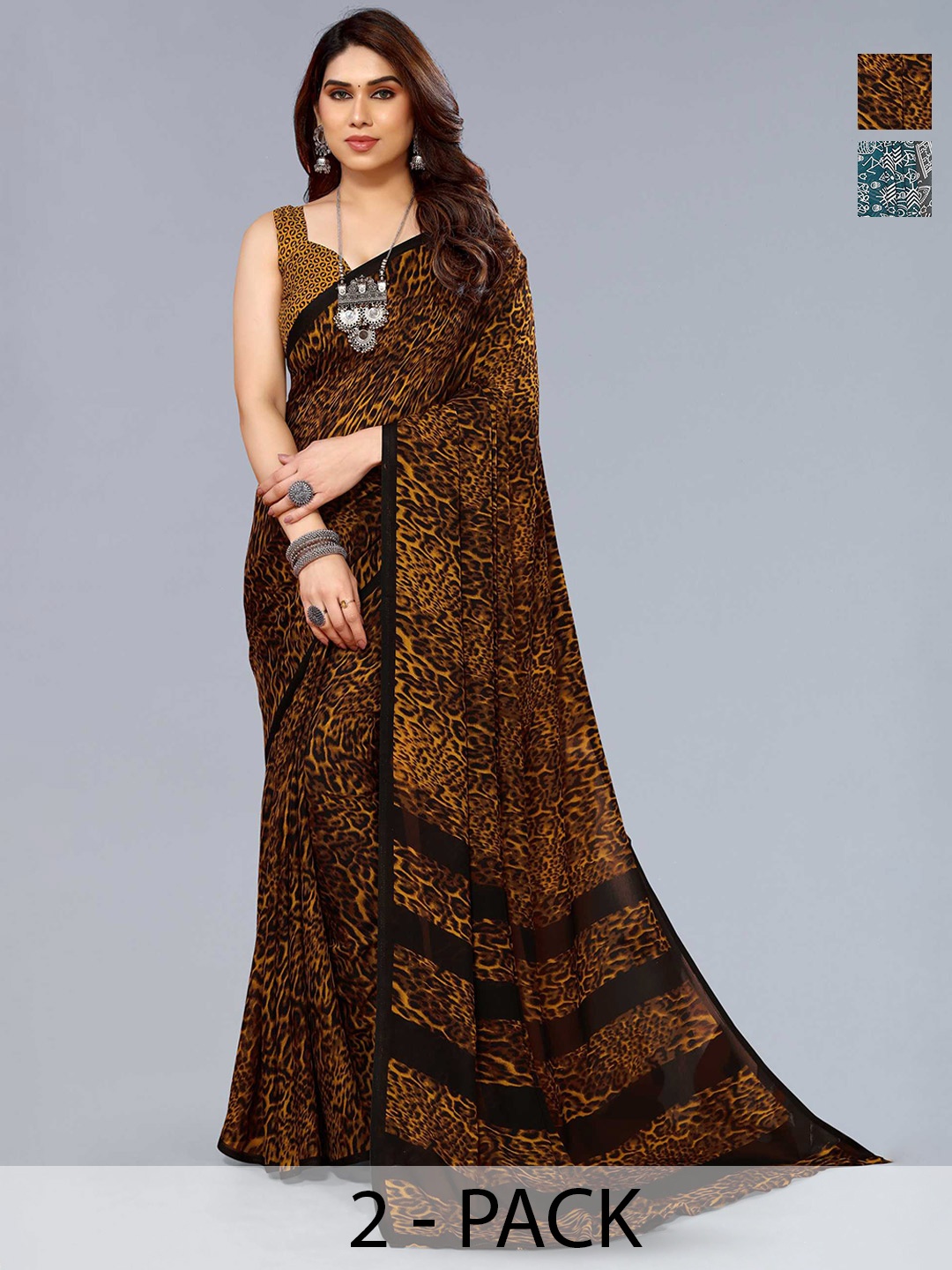 

ANAND SAREES Selection Of 2 Geometric Printed Sarees, Brown