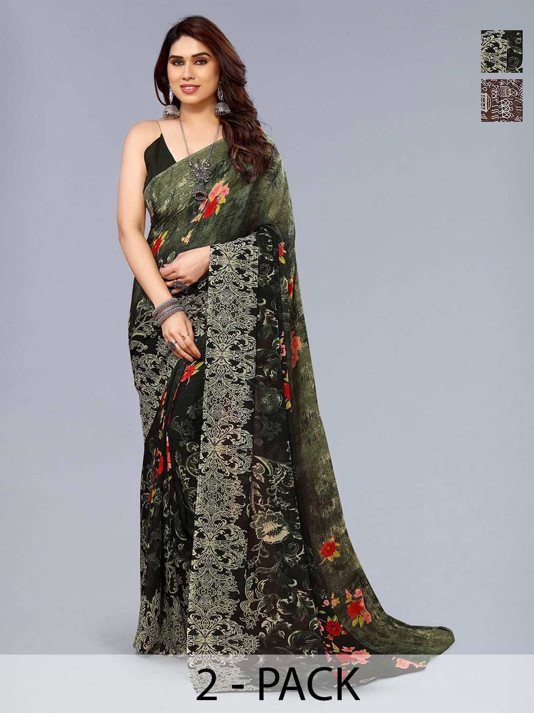 

ANAND SAREES Pack Of 2 Printed Georgette Sarees, Green