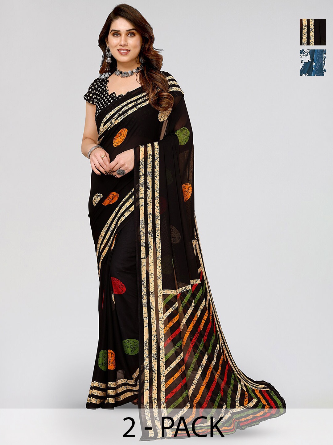 

ANAND SAREES Selection Of 2 Printed Saree, Black