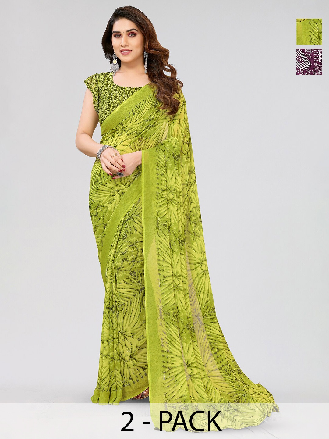 

ANAND SAREES Selection of 2 Geometric Printed Sarees, Purple