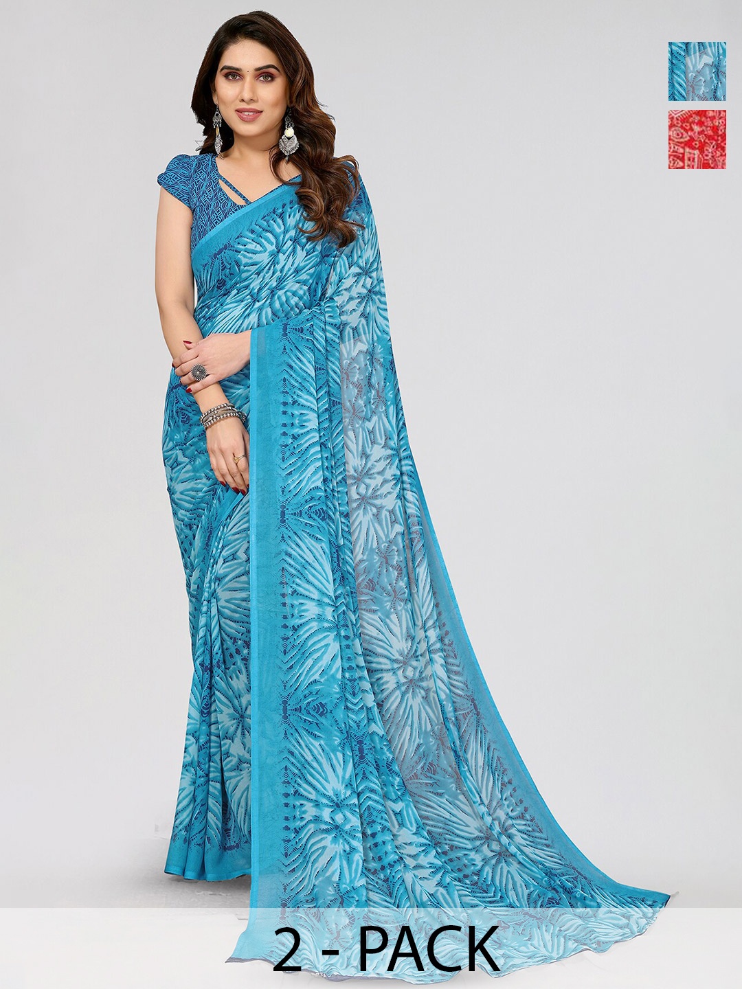 

ANAND SAREES Selection Of 2 Geometric Printed Saree, Red