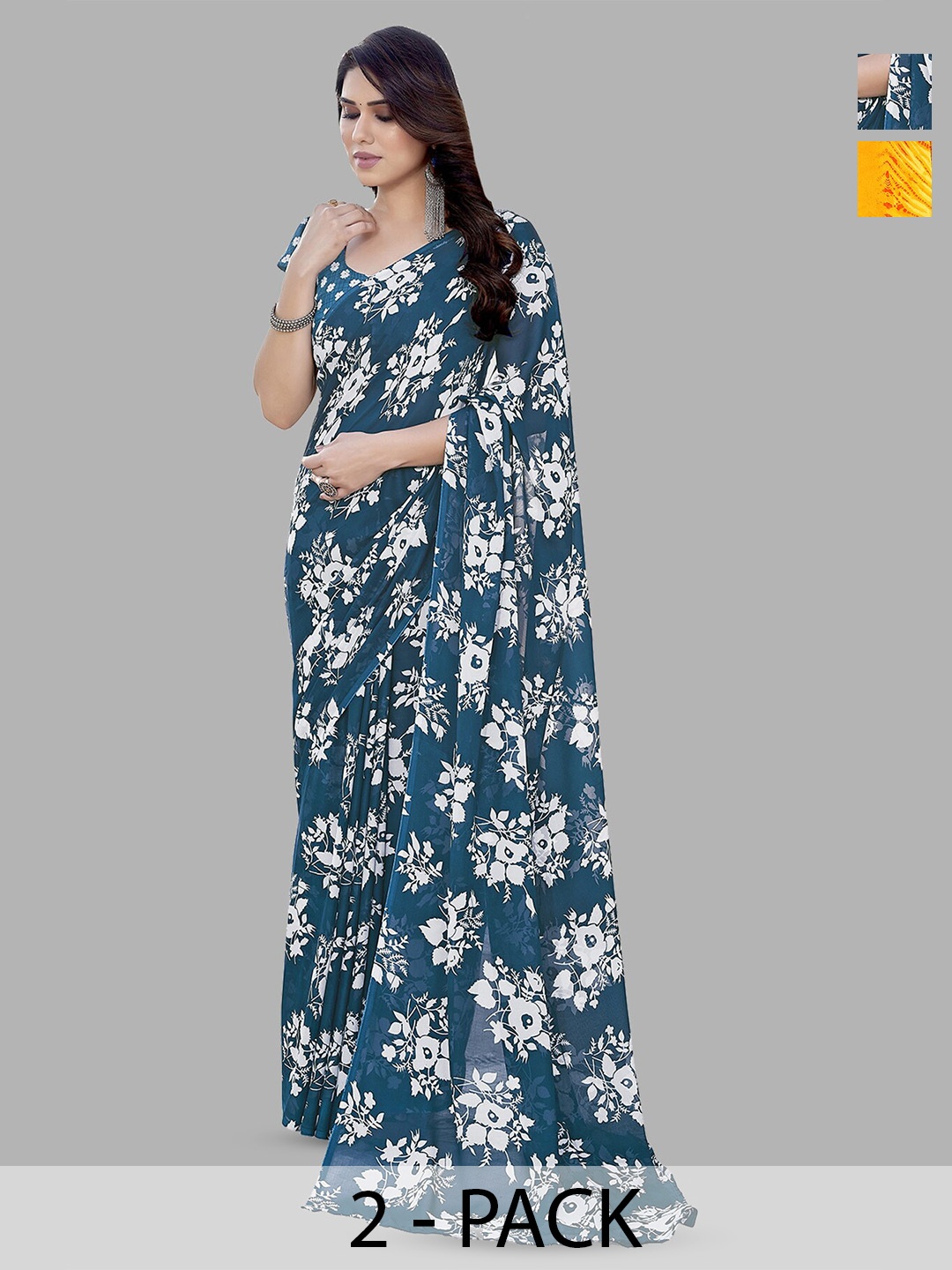 

ANAND SAREES Selection Of 2 Printed Sarees, Teal