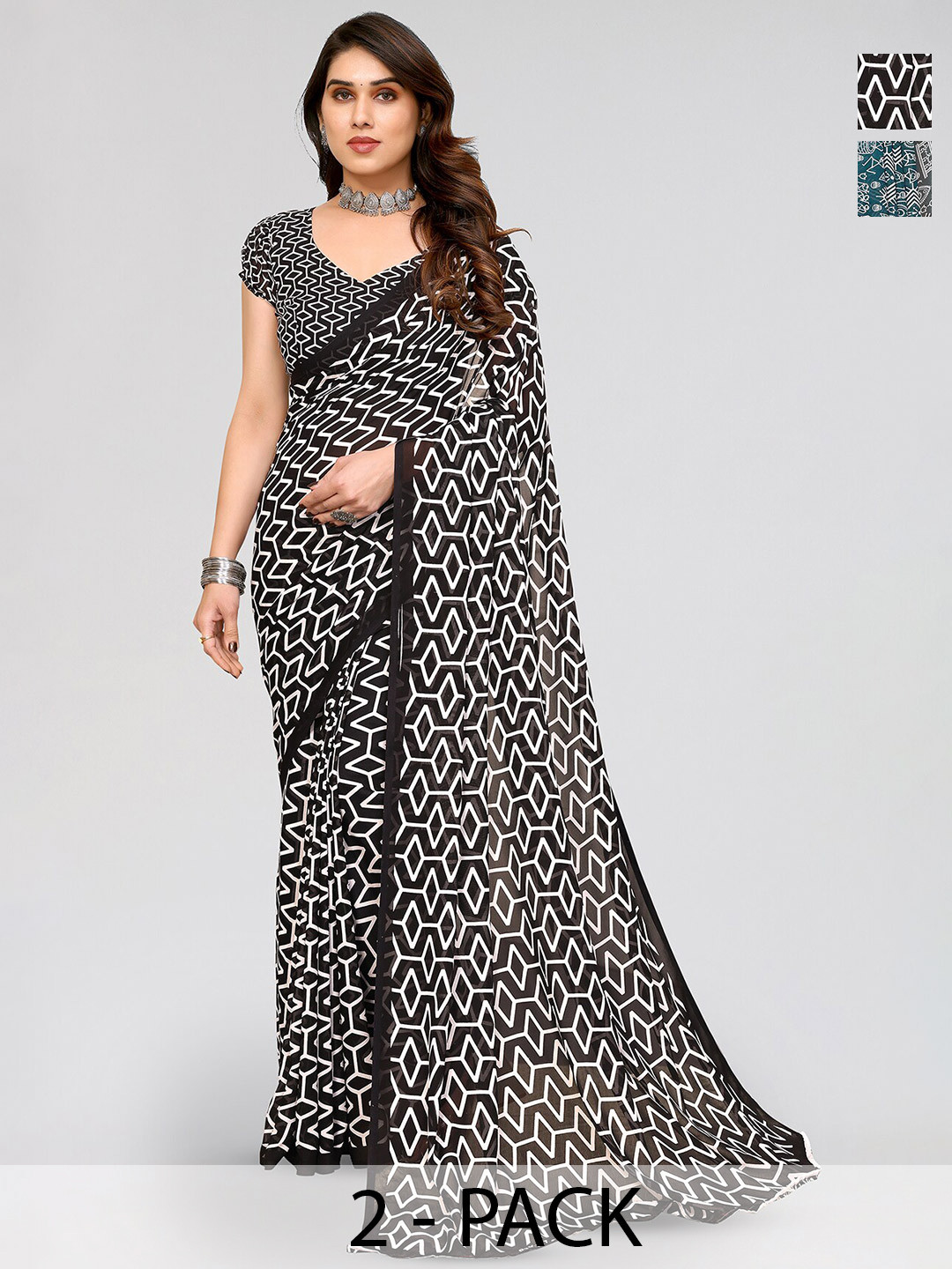 

ANAND SAREES Selection Of 2 Geometric Printed Saree, Black