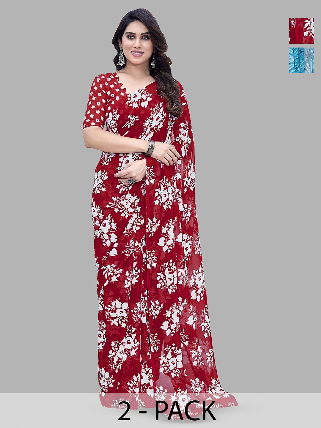 

ANAND SAREES Selection Of 2 Printed Saree, Red