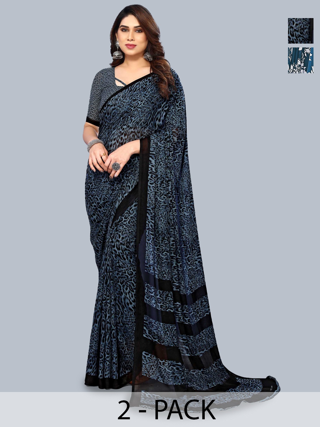 

ANAND SAREES Selection Of 2 Floral Printed Sarees, Blue
