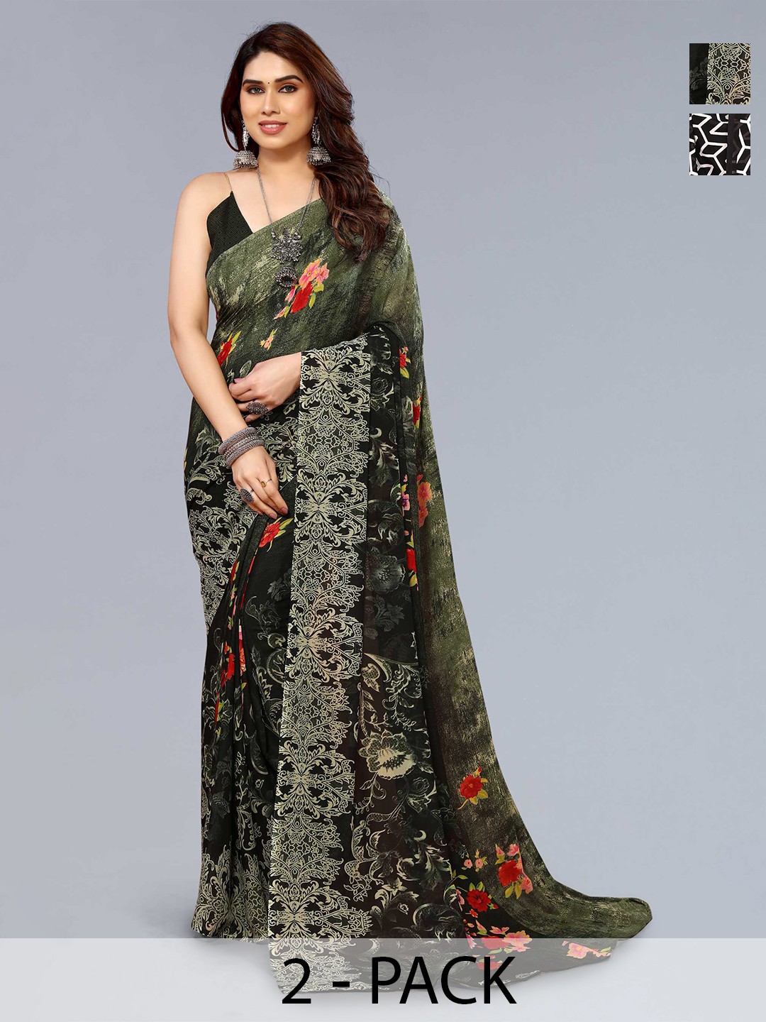 

ANAND SAREES Selection Of 2 Floral Printed Sarees, Black