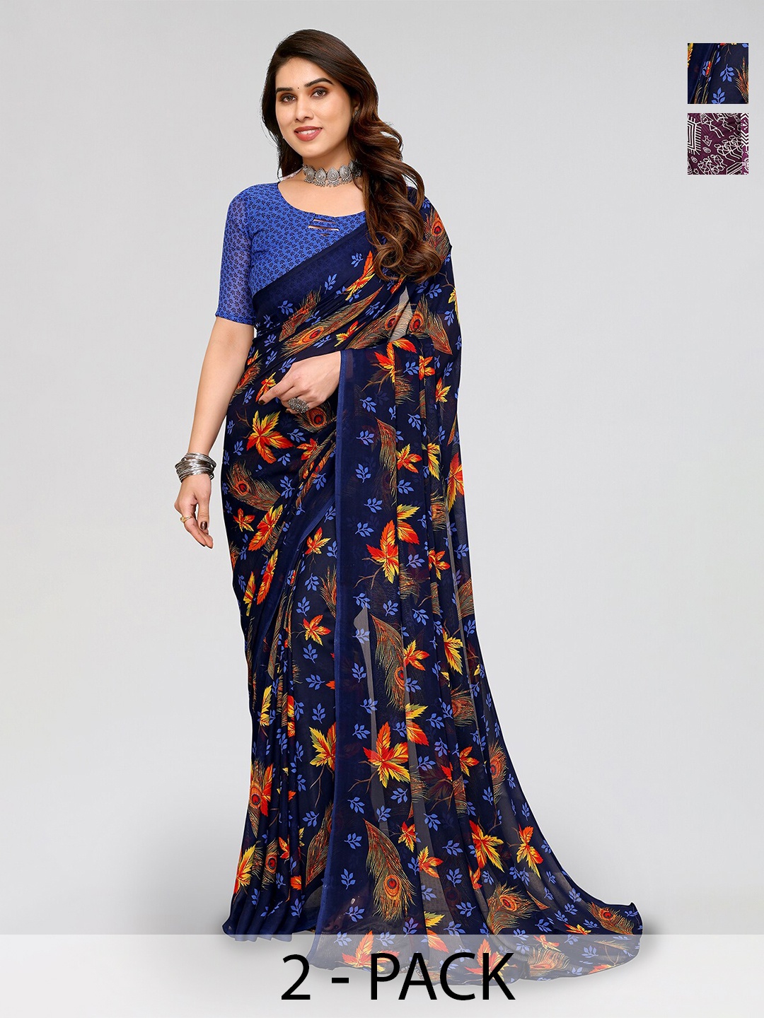 

ANAND SAREES Selection Of 2 Printed Saree, Navy blue