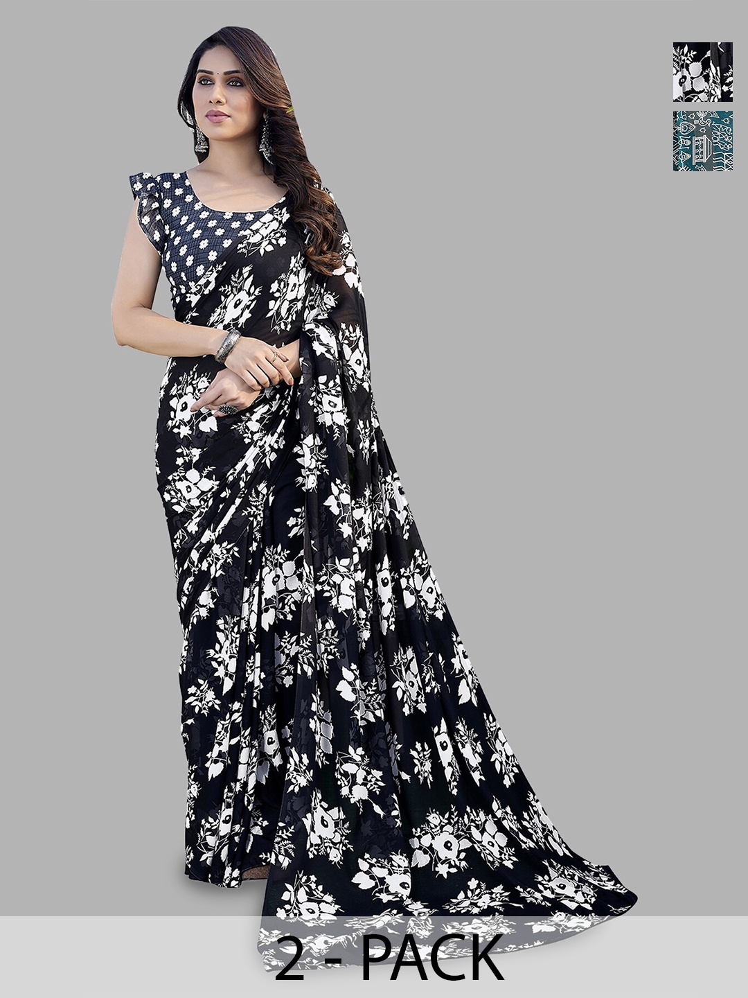 

ANAND SAREES Selection of 2 Printed Georgette Saree, Blue