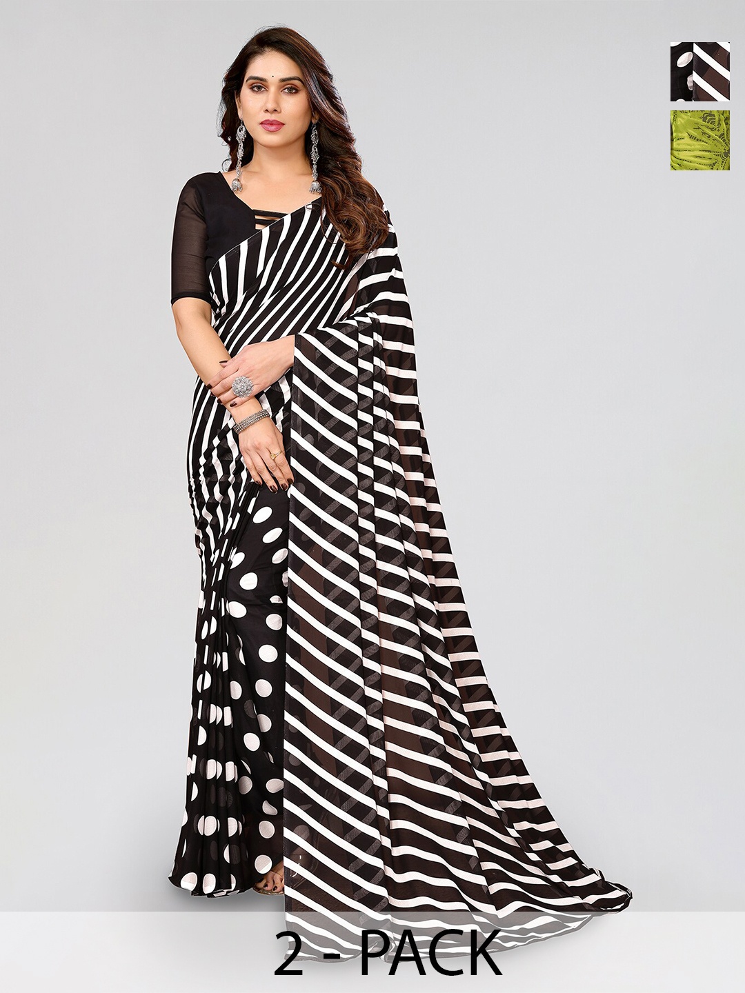 

ANAND SAREES Selection of 2 Striped Printed Sarees, Green