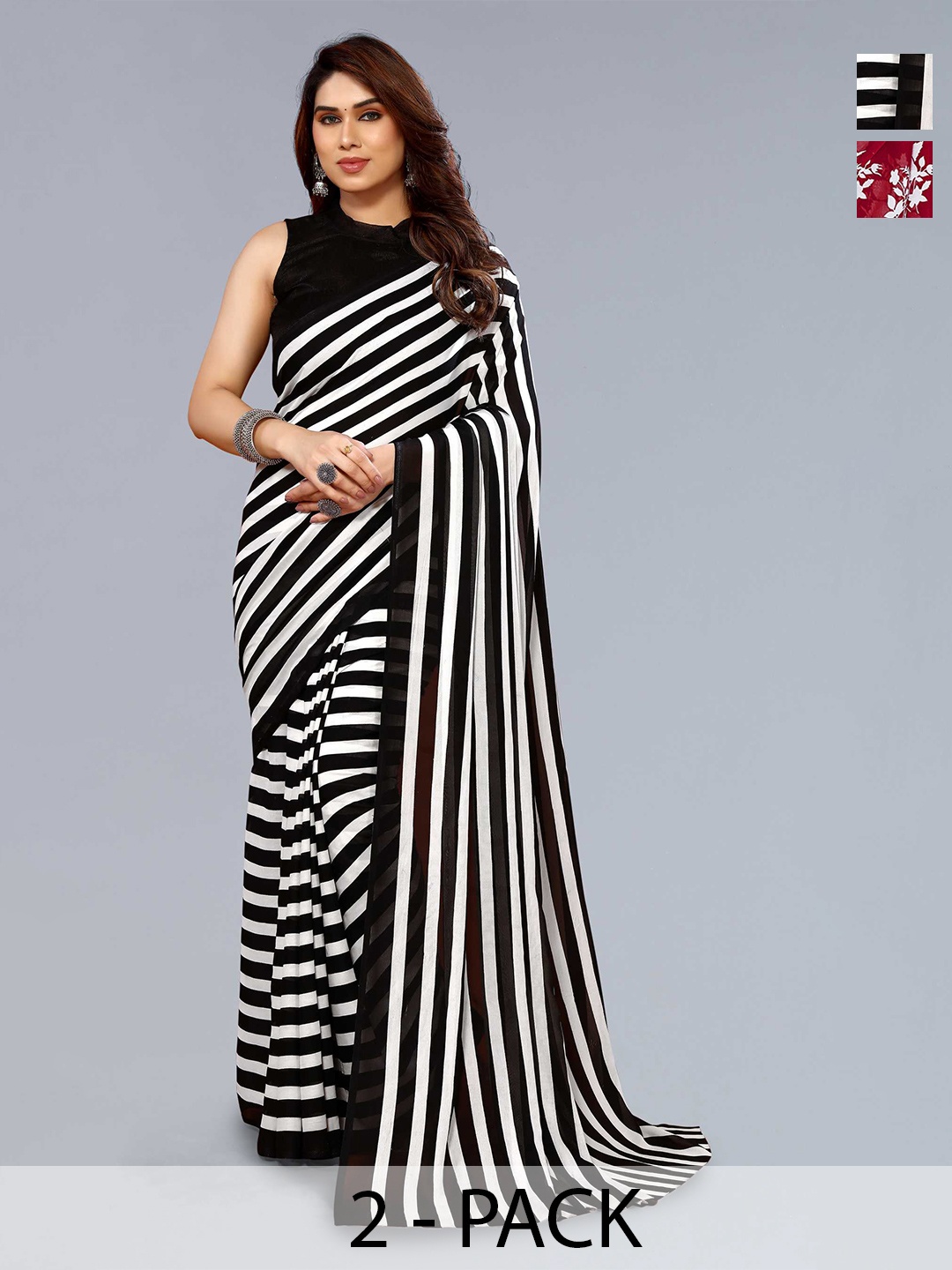 

ANAND SAREES Selection Of 2 Striped Sarees, White