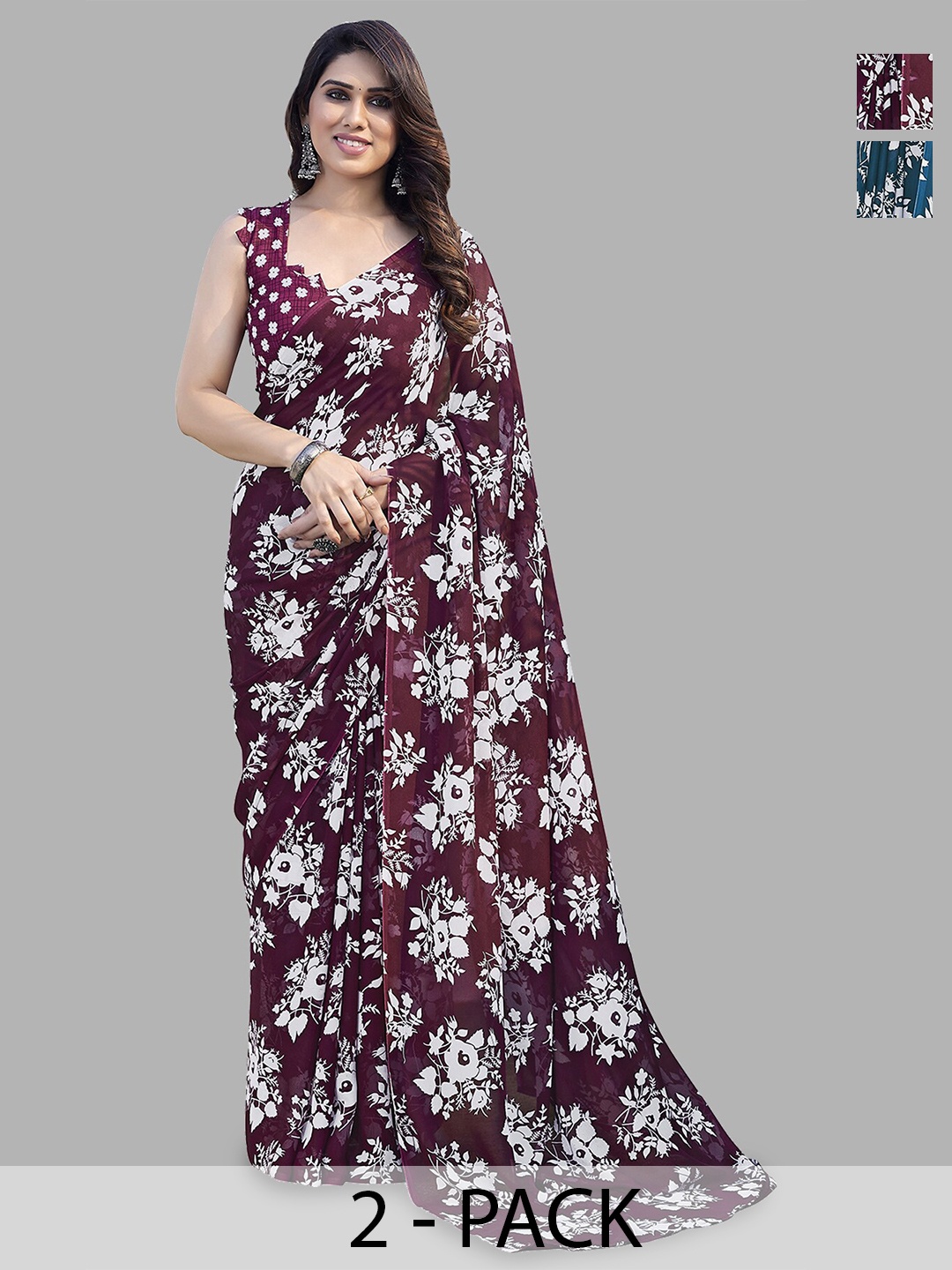 

ANAND SAREES Selection Of 2 Floral Printed Saree, Blue