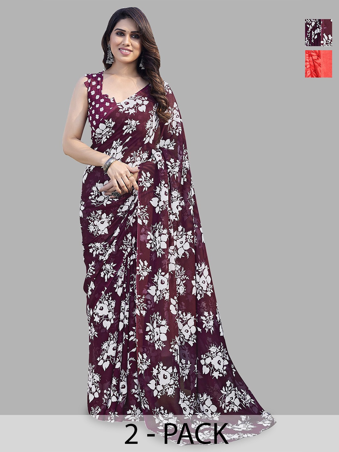 

ANAND SAREES Selection of 2 Floral Printed Saree, White