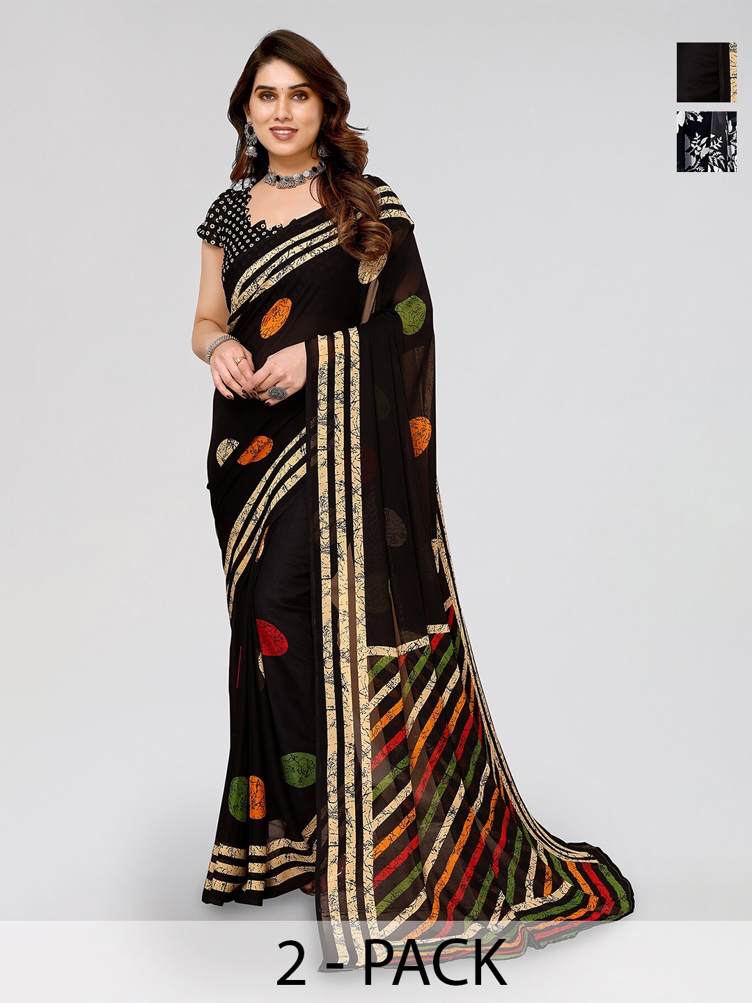 ANAND SAREES Selection of 2 Floral Saree, Black