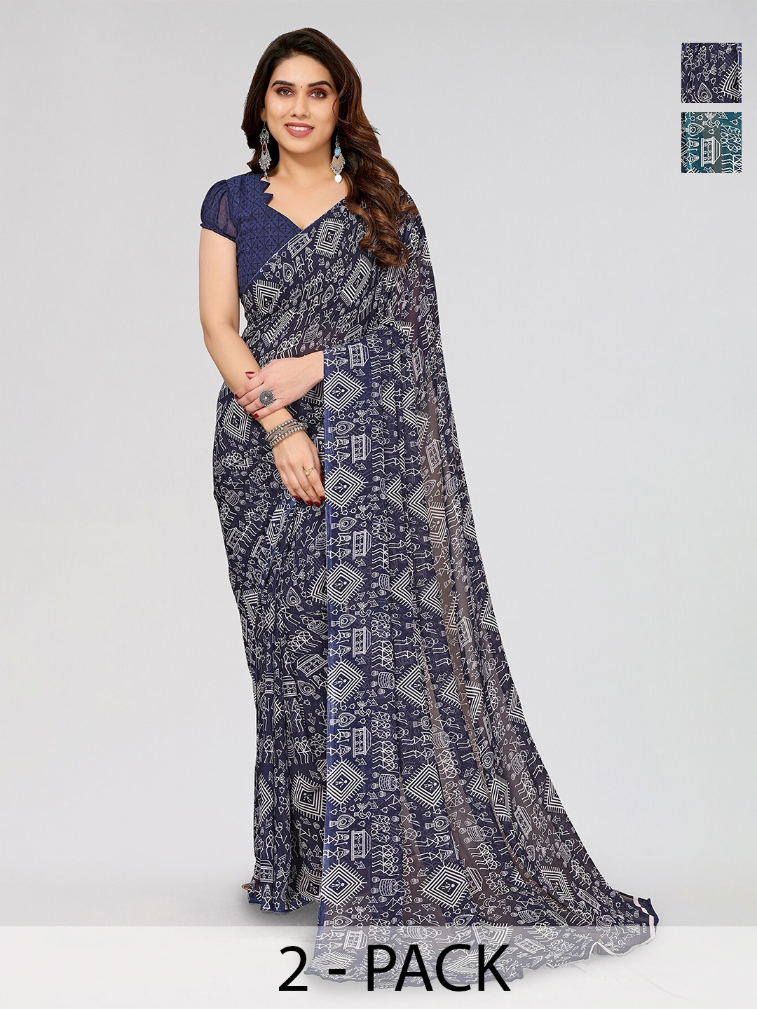 

ANAND SAREES Selection of 2 Printed Georgette Saree, Blue