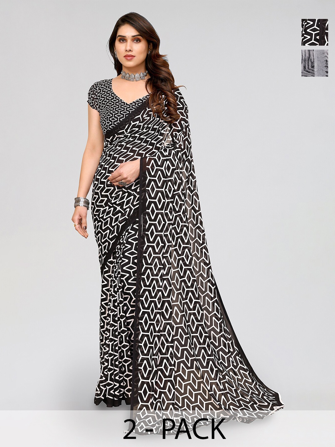

ANAND SAREES Selection of 2 Geometric Printed Sarees, Black