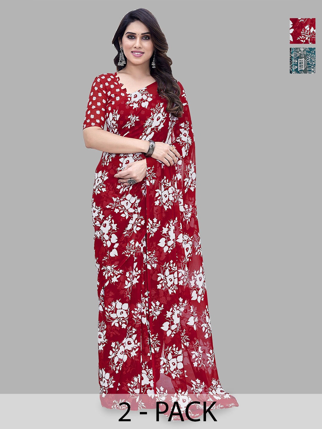 

ANAND SAREES Selection of 2 Floral Printed Sarees, Teal