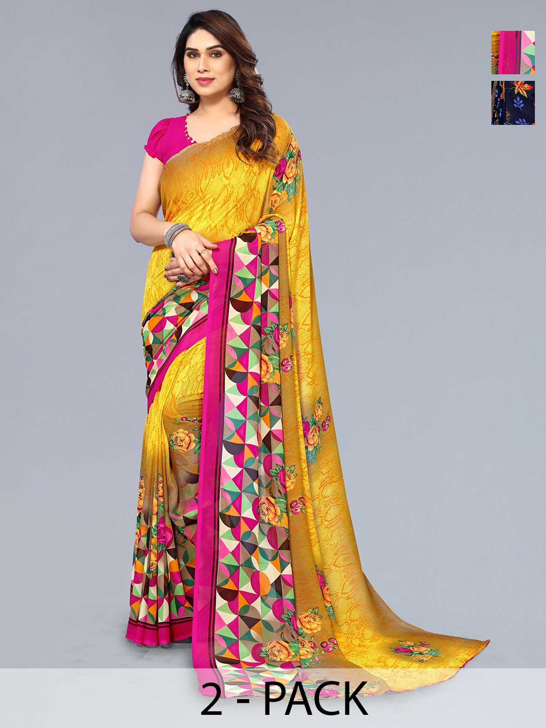 

ANAND SAREES Selection Of 2 Printed Saree, Yellow