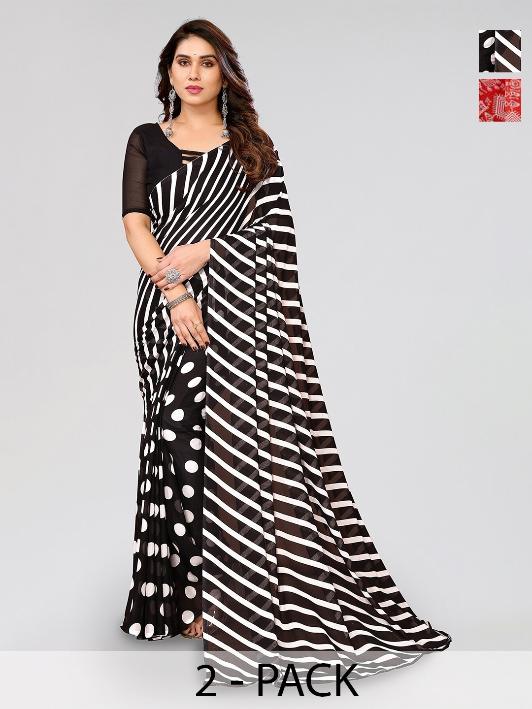 

ANAND SAREES Selection Of 2 Printed Sarees, Black