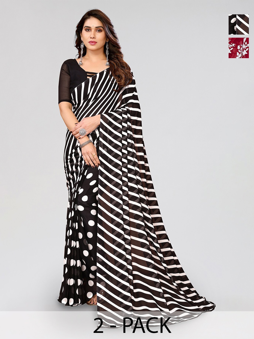 ANAND SAREES Selection Of 2 Printed Sarees, Black