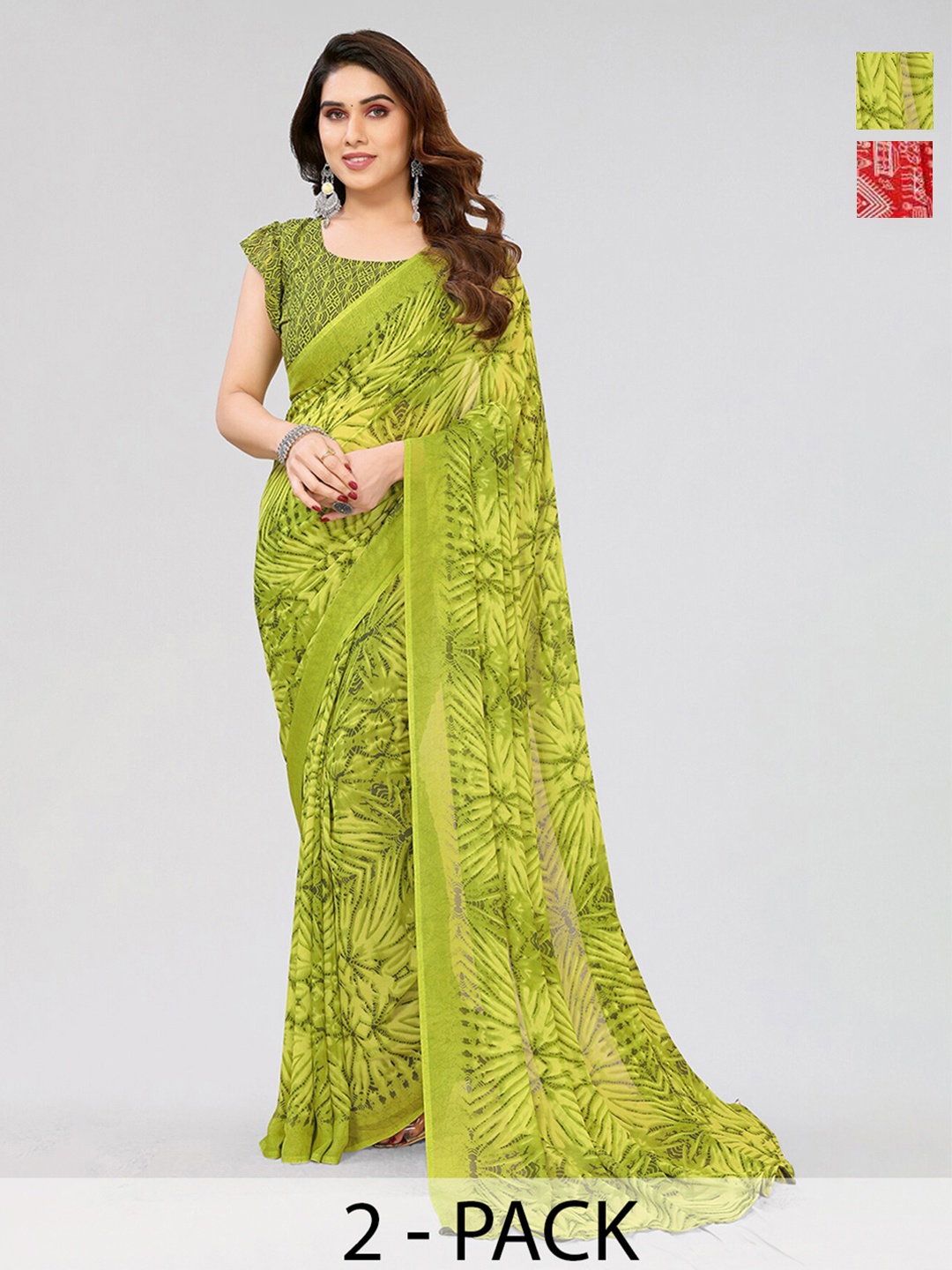 

ANAND SAREES Selection of 2 Abstract Printed Sarees, Green