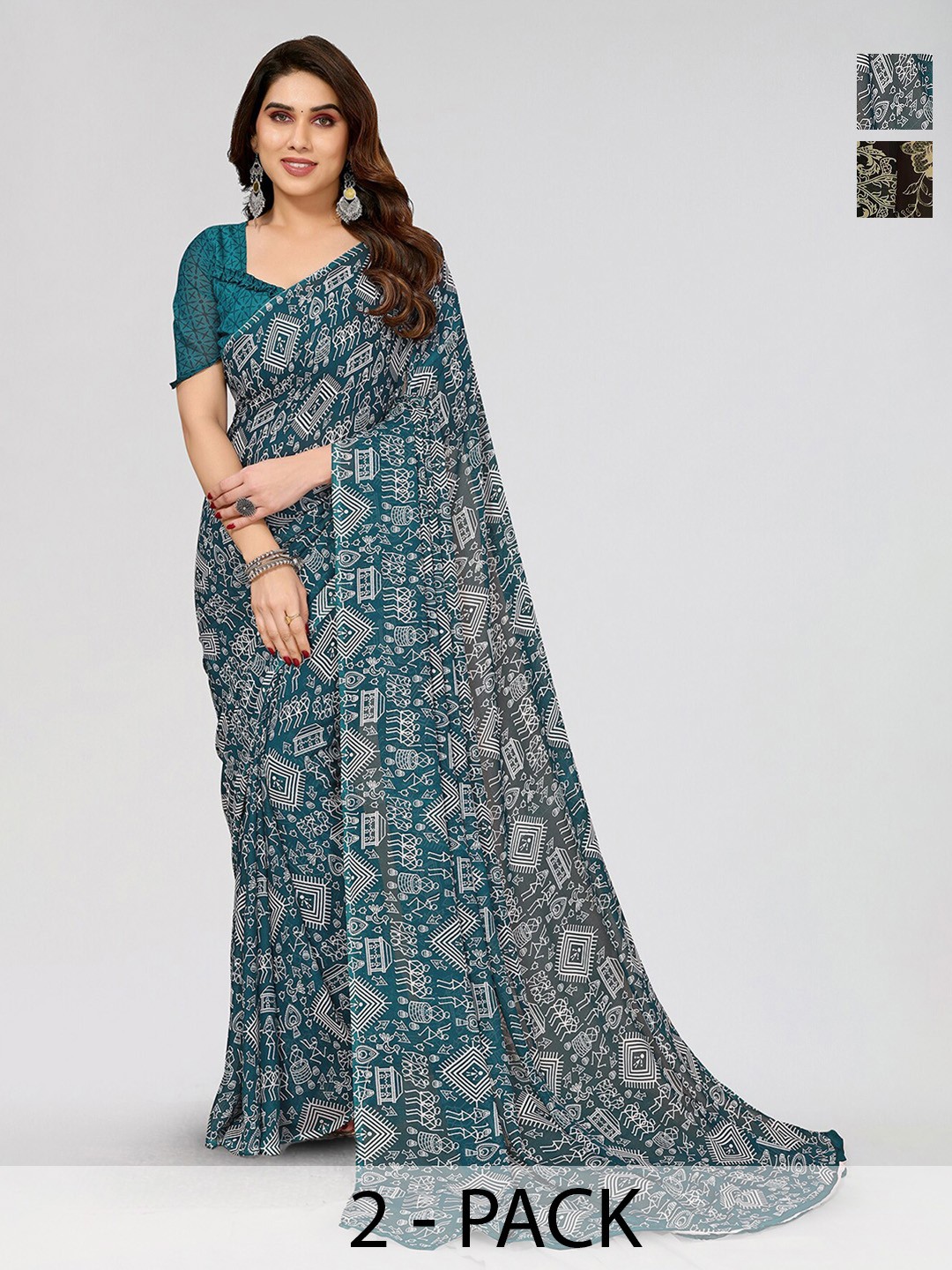 

ANAND SAREES Selection Of 2 Printed Sarees, Black