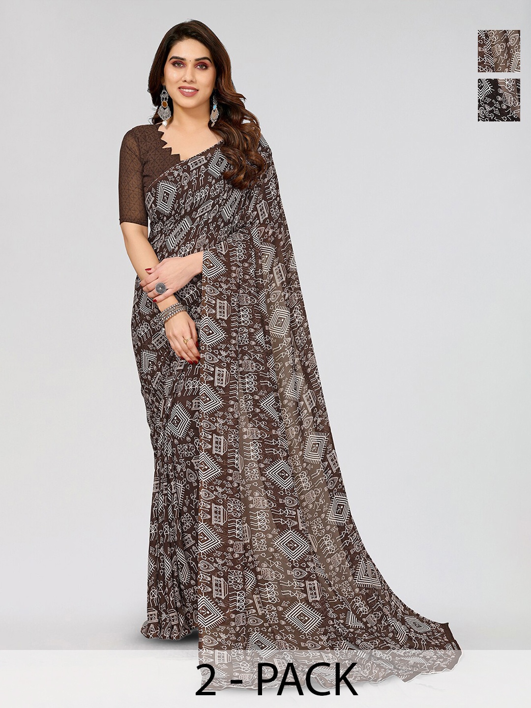 

ANAND SAREES Selection Of 2 Warli Printed Saree, Black