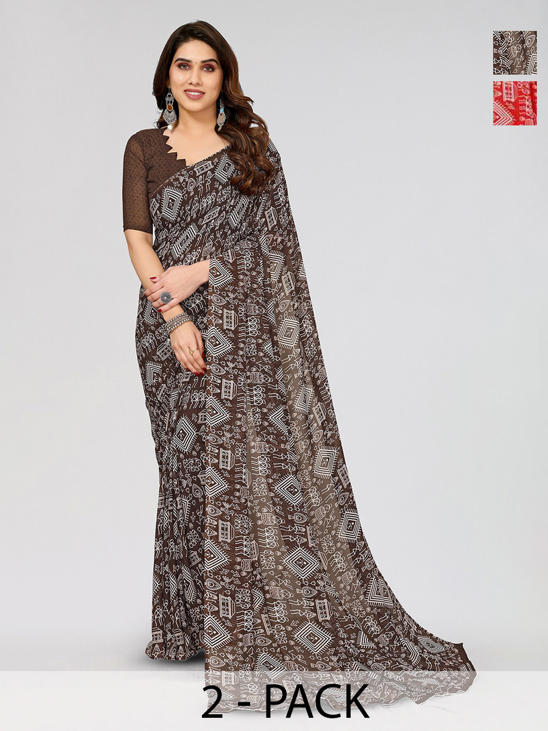

ANAND SAREES Selection of 2 Geometric Printed Saree, Red