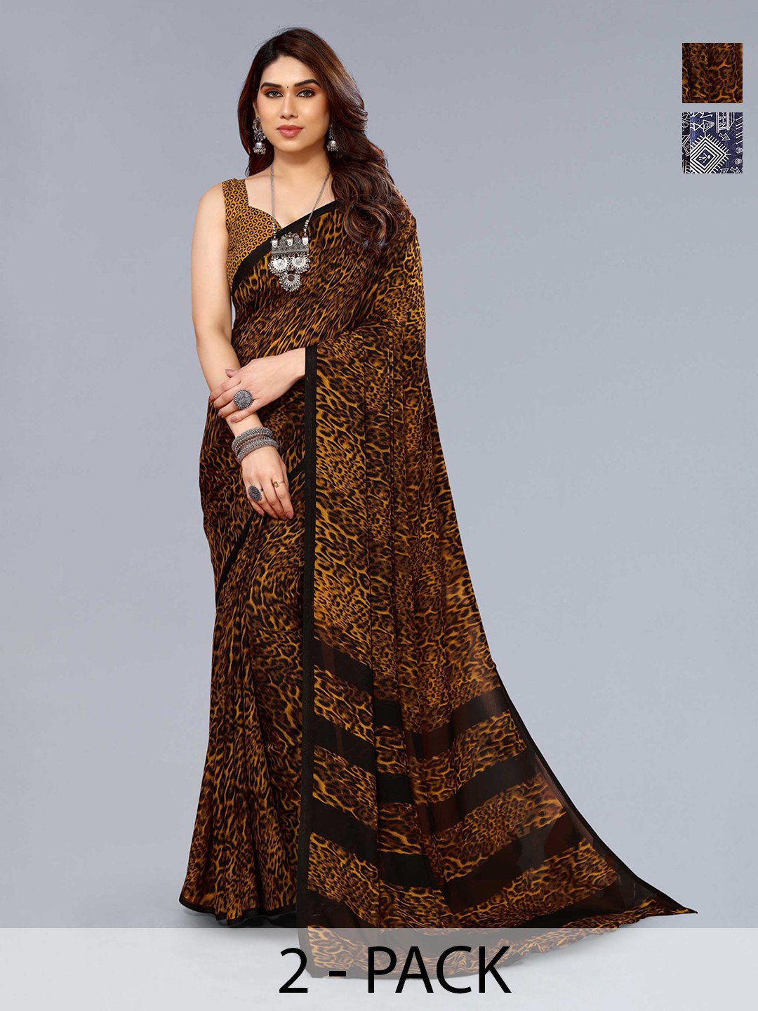 

ANAND SAREES Selection Of 2 Printed Poly Georgette Sarees, Brown