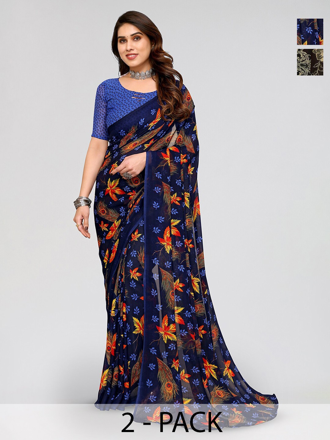 

ANAND SAREES Selection Of 2 Floral Printed Sarees, Blue