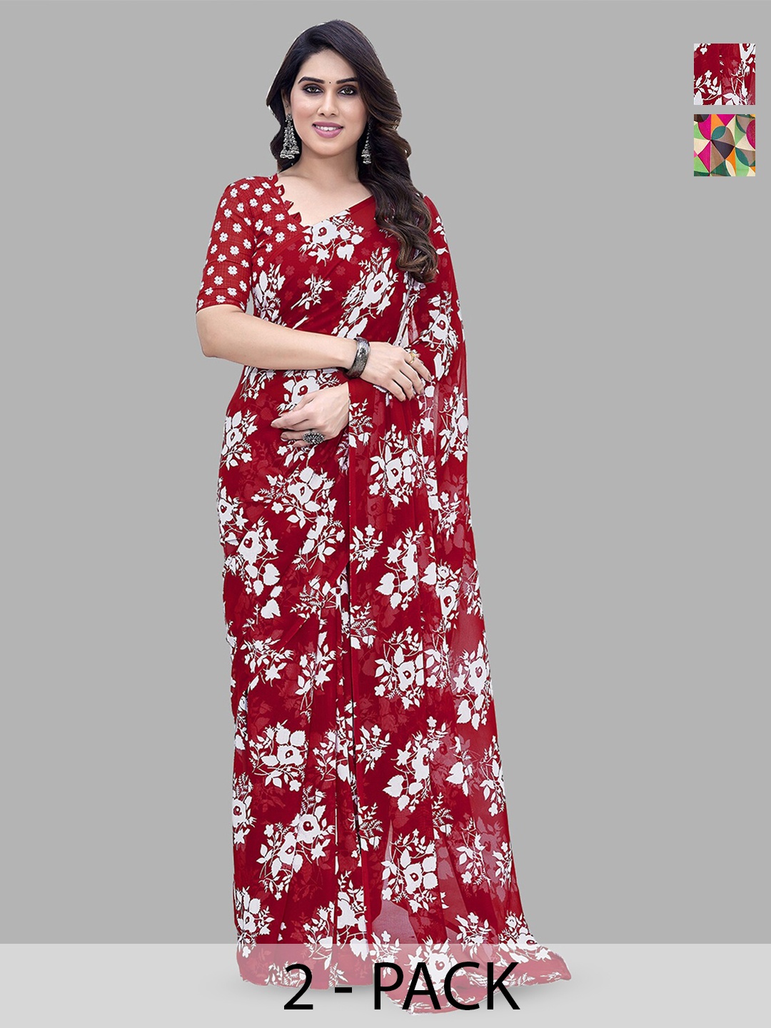 

ANAND SAREES Selection Of 2 Floral Printed Sarees, Red