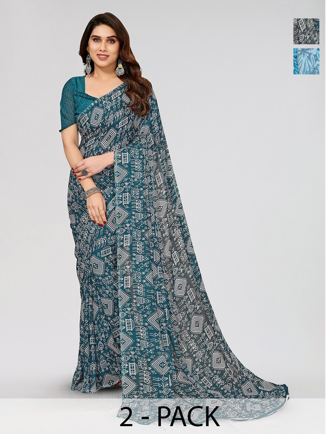 

ANAND SAREES Selection Of 2 Printed Sarees, Blue