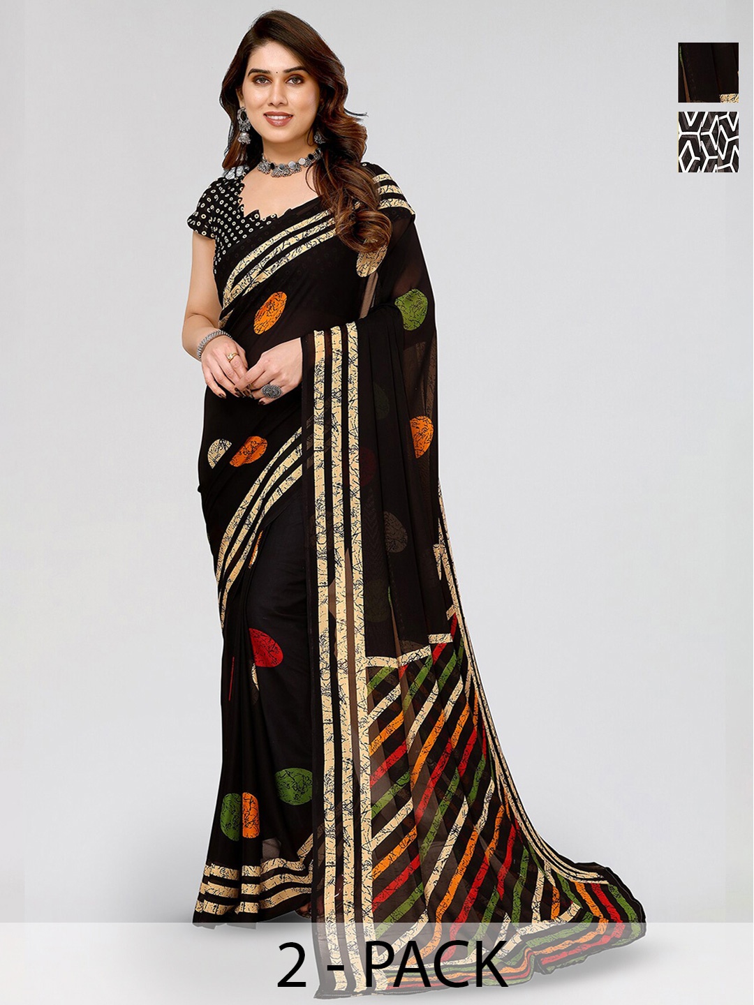 

ANAND SAREES Selection Of 2 Printed Sarees, Black