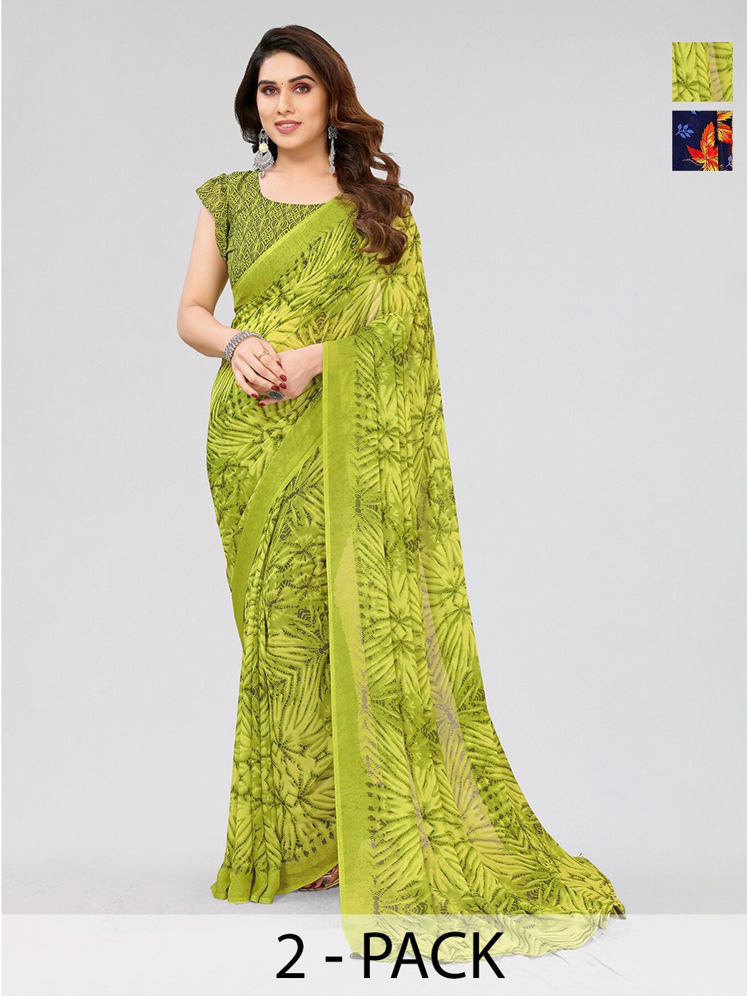 

ANAND SAREES Selection of 2 Floral Printed Sarees, Blue
