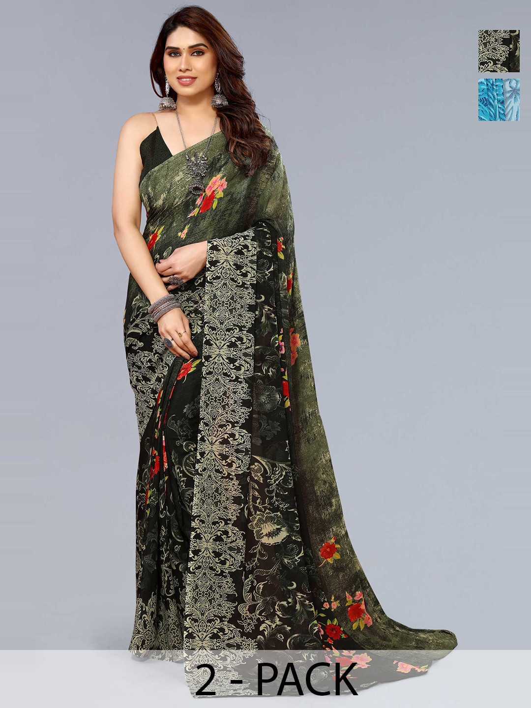 

ANAND SAREES Selection Of 2 Floral Printed Saree, Black